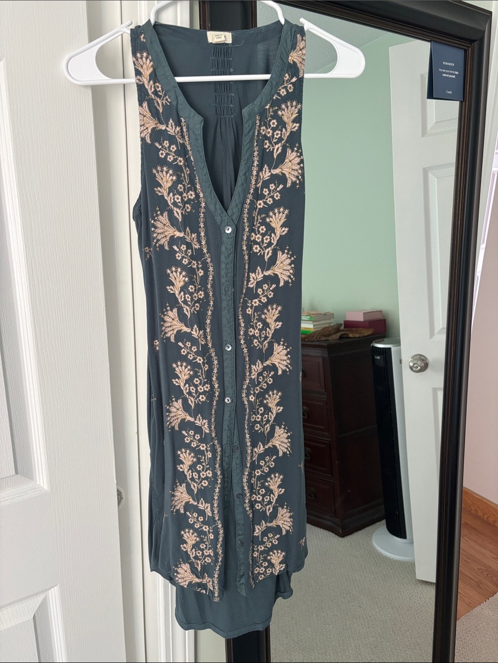 Sleeveless Embroidered Mini Dress in Dark Teal and Blush and Gold